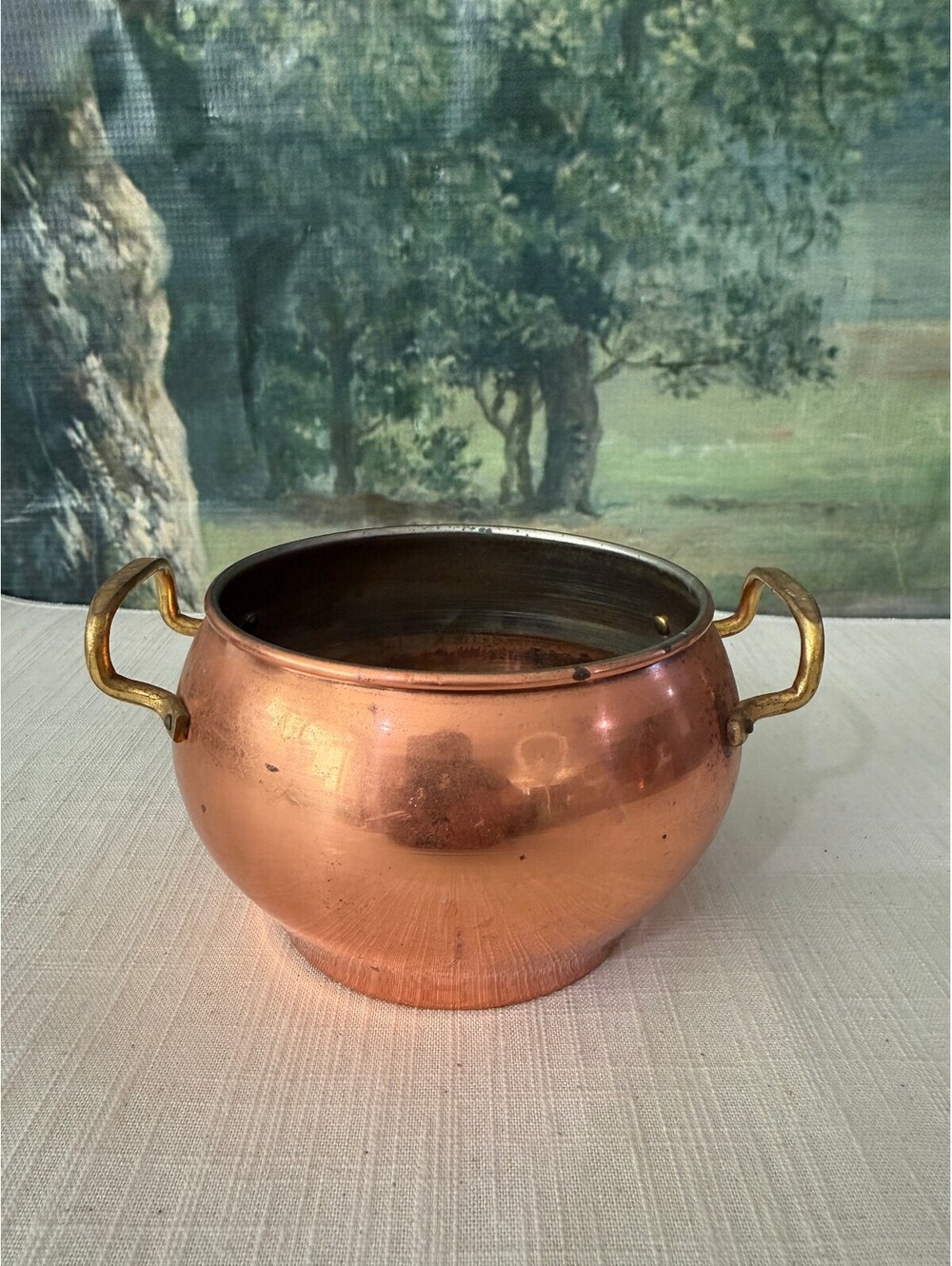Mid Century handmade Turkish copper bucket planter featuring brass twin handles.